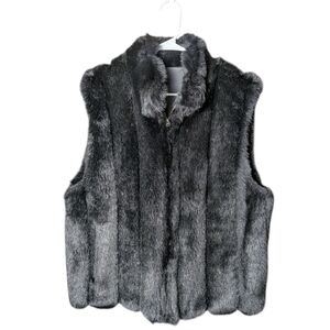 Coaco Luxurious Black Faux Fur Reversible Vest Zipper Pockets Collar Sleeveless